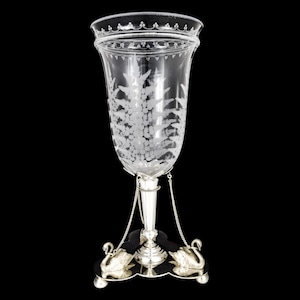 Antique mid-Victorian Mappin & Webb glass celery vase engraved with ferns on silver plated swan stand