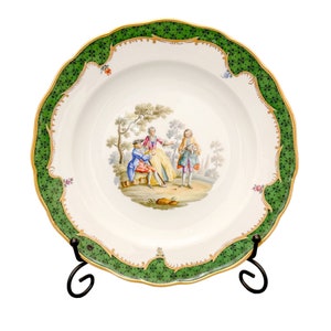 German 19th century Meissen porcelain fluted cabinet plate with gallant scene and green border