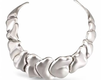 Vintage Modernist sterling silver collar bib necklace with abstract scale motif, signed Sylvia, designer statement jewellery, 106 g