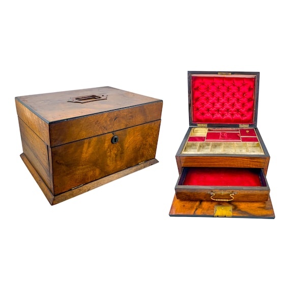 Antique Victorian walnut work and jewellery box w… - image 1