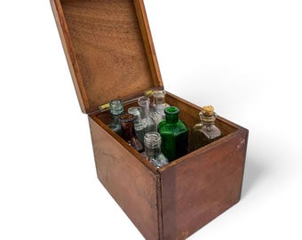 Victorian mahogany apothecary box with 8 glass bottles, antique medical chest c. 1880s, English medicine cabinet, stained glass vials