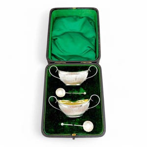 Sterling silver boxed pair of navette salts and spoons, Neoclassical design, Henry Williamson, 1900, Victorian antique tableware