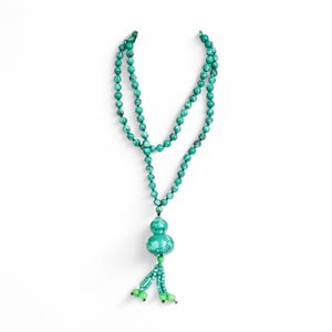Large natural turquoise knotted bead necklace with gourd pendant and jade tassel drops, statement jewellery in bluish-green tones, 105g