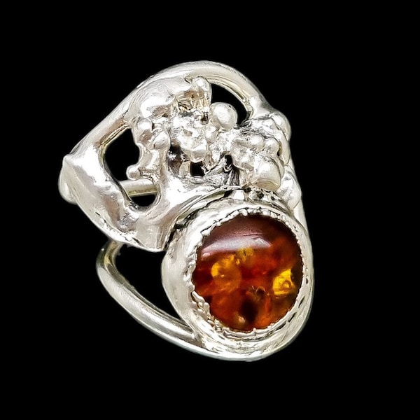 1970's Erik Dennung Danish Modernist statement ring, silver and amber, N 1/2