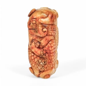 Antique Chinese jade amulet, Qing Dynasty c. 1890s, carved Tang-style coiling dragon in beige & russet jade, symbol of power and protection