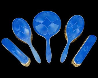 Antique Art Deco Asprey silver and blue guilloche enamel vanity brush mirror set