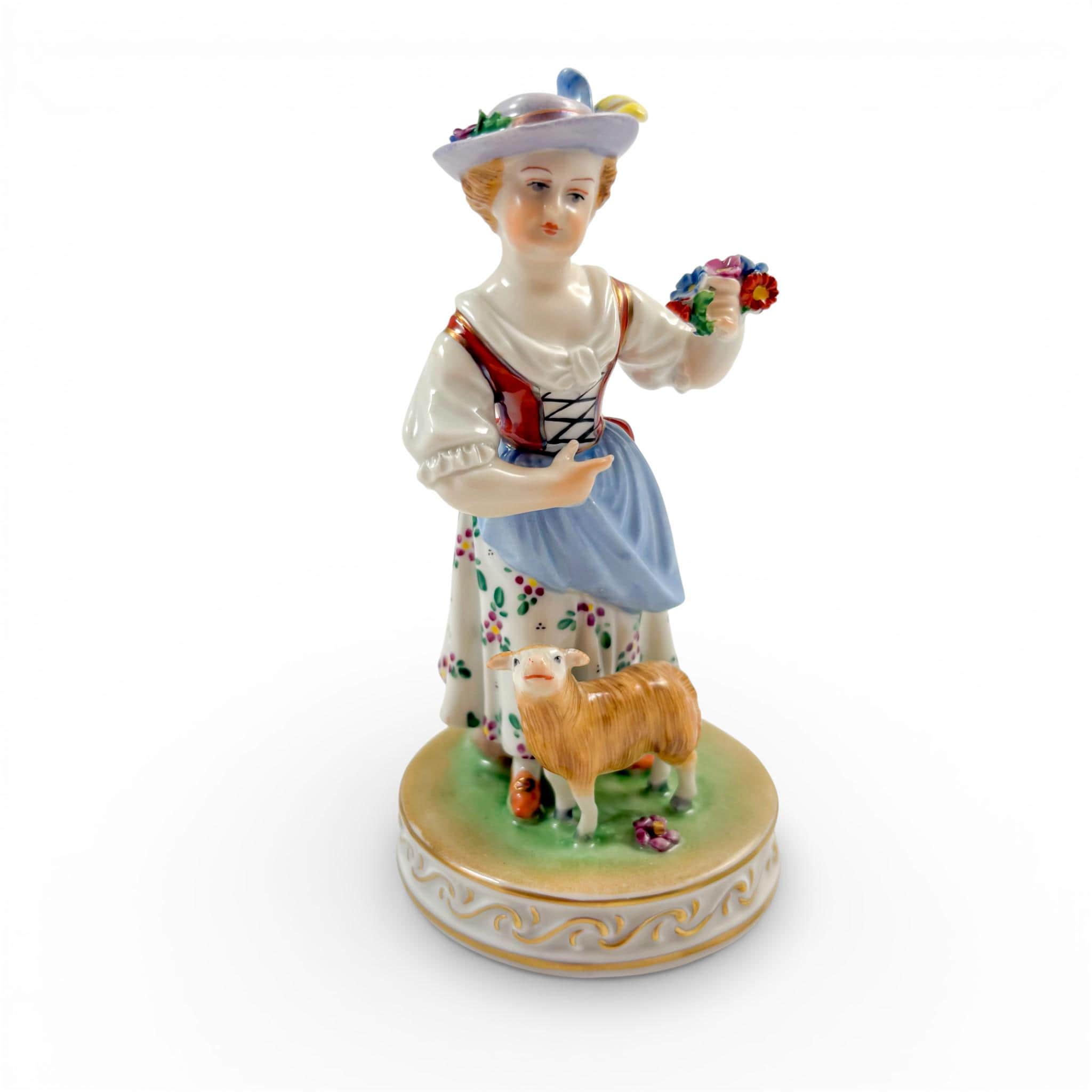 Antique Dresden Porcelain Shepherdess Figurine With Sheep, Carl