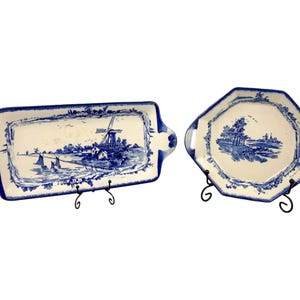Pair of Royal Doulton serving platters, blue and white “Norfolk” windmill design, hexagonal dish