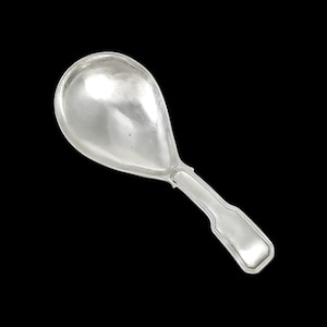May include: A silver serving spoon with a rounded bowl and a decorative handle.