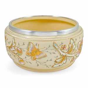 Large Art Nouveau fruit bowl with silver plated rim, Taylor Tunnicliffe pottery, hand-painted floral enamel, “Patent Brocade” c. 1880s