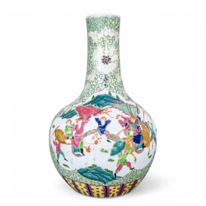 Antique Chinese famille rose porcelain Tianqiuping bottle vase with warrior figures