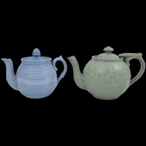 Stoneware Victorian child&#39;s miniature teapots, relief moulded fern leaves and bluebell flowers, Art Nouveau