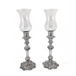Antique 1790&#39;s Old Sheffield plate tall candlesticks with hurricane glass shades