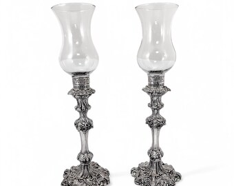 Antique 1790's Old Sheffield plate tall candlesticks with hurricane glass shades