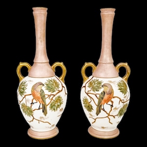 Antique 1880&#39;s German Franz Anton Mehlem for Royal Bonn blush ivory Aesthetic pair of vases, parrots and butterflies