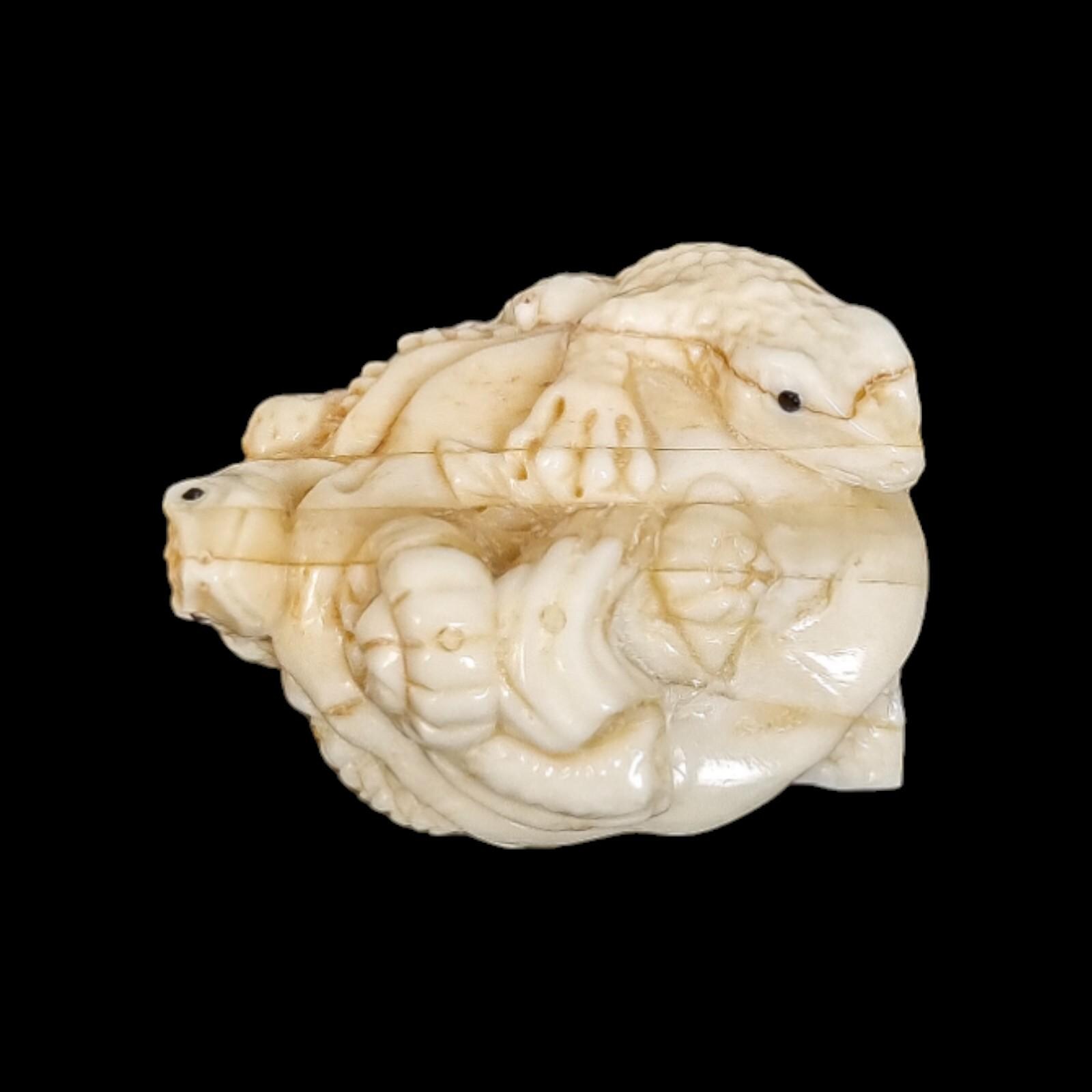 Meiji Period Japanese Bone Signed Okimono / Netsuke, Two Toads and