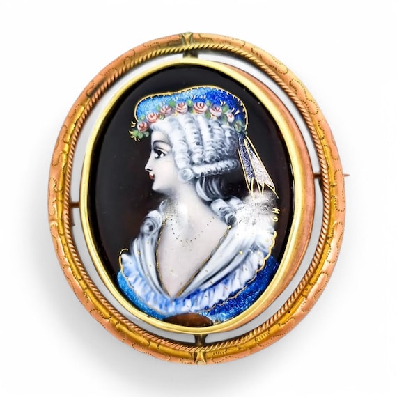 Broche Ancienne Limoges - Portrait Femme En émaux D'art, Signée JES, Cuivre émaillé