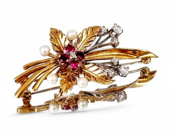 Edwardian style 9ct gold brooch with rubies, pearls and diamonds, leaf spray design, London hallmark 1977, vintage statement jewellery