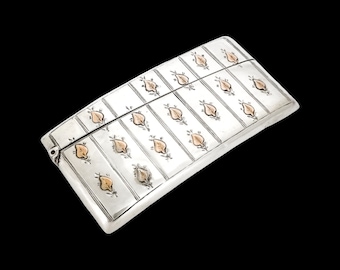 Antico portacarte Art Déco in argento sterling e oro rosa da 9 ct con decorazione a foglia