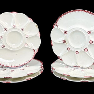 Antique set of six mid-Victorian English Minton majolica white and pink oyster plates