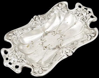 1890’s Art Nouveau oblong trinket dish embossed with foliage and women's faces