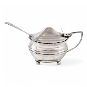 George III sterling silver large mustard pot with blue glass liner and Victorian spoon, London 1809 & 1872, antique English tableware
