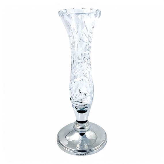 Paire De Petits Vases Mono-fleur Cristal Et Argent - Fabrication Italienne - H 21 & 12 Cm