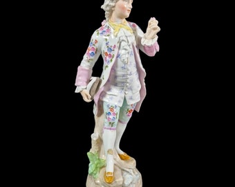 Antique 1830’s Meissen porcelain figurine of Regency dandy gentleman holding a tricorne and flowers
