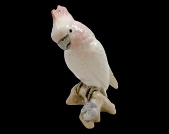 Vintage Czech Royal Dux porcelain figurine of pink and white cockatoo parrot on branch
