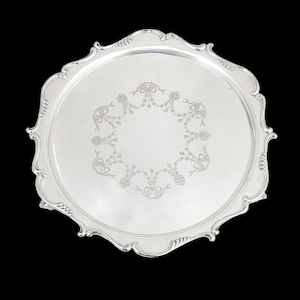 Antique silver plated Victorian salver in Neoclassical style with Chippendale border and garland decoration