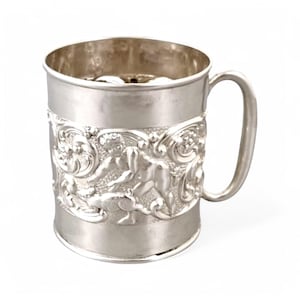 Edwardian sterling silver Christening cup, Art Nouveau cherubs, rabbits and foliage embossed design, Crisford & Norris, 1905
