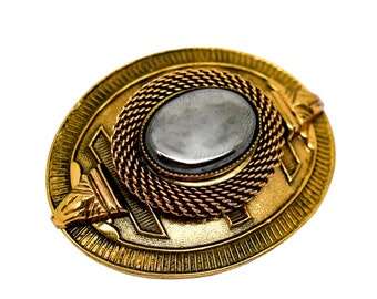 1980's Ermani Bulatti hematite goldtone Art Deco oval statement brooch