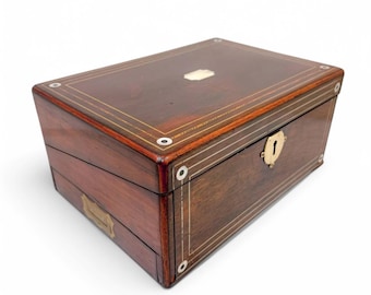 Victorian rosewood writing slope with secret drawer, brass & mother of pearl inlay, England c 1860s, antique writing box with leather lining