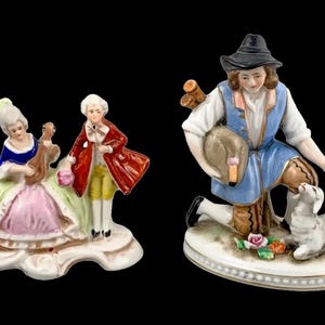 German porcelain figurines of courtly musicians and bagpiper with a sheep