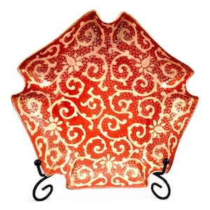 Rauenstein porcelain five-sided chinoiserie bowl, 19th century German red and gilt antique dish decorated with scrolls