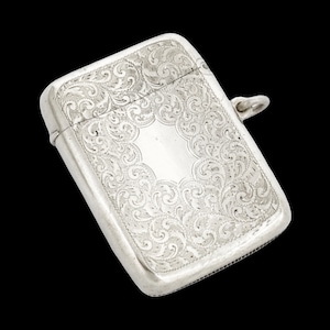 George V James Dixon large gilt sterling silver vesta case, vacant cartouche and engraved scrolls