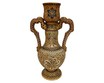Victorian 1890's Wilhelm Schiller & Sohn twin-handled pottery vase in Islamic style