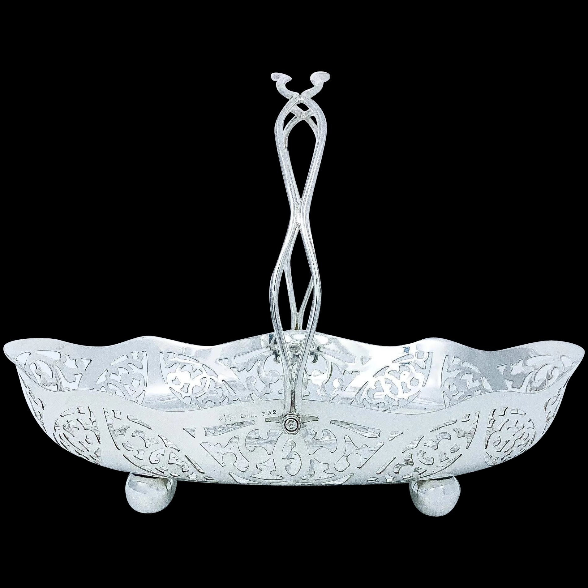 Ornate antique Art Nouveau silver plated fruit bowl pierced with scrolls