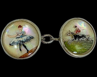 Edwardian reverse painted intaglio Essex crystal and mother-of-pearl cufflink of ballerina and jockey on horse