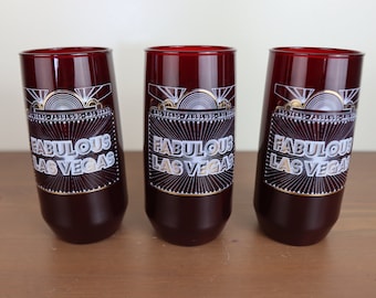 Set of 3 Vintage 1970s "Fabulous Las Vegas" Red Glasses - Excellent Condition