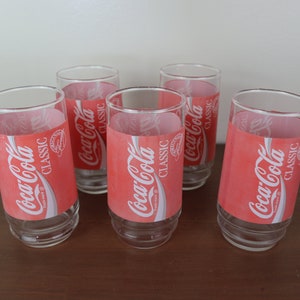 Vintage 1980s Set of 5 Identical Coca-Coca Classic Glasses - Excellent Condition