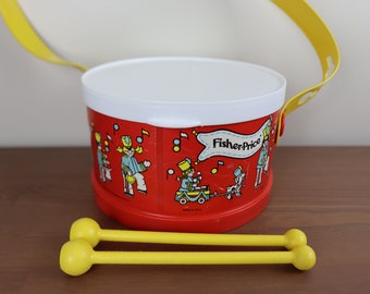 vintage play storage display music musical 921 decor decoration 1979 instrument red white Fisher Price toy drum with strap toy