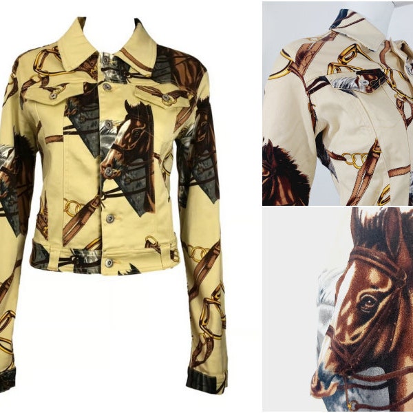 Rare Vintage 1990s Dolce and Gabbana D&G Equestrian Cowboy Denim Western Indian Horse Print Jacket