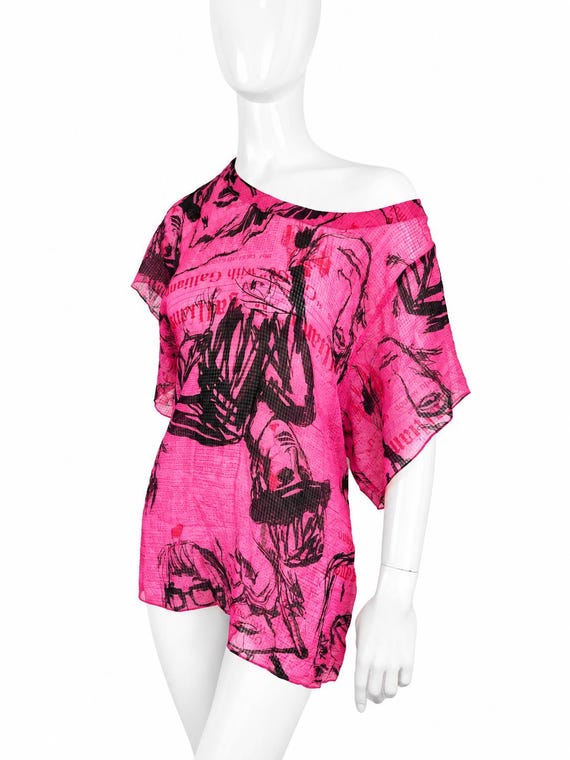 John Galliano, John Galliano Silk Pink Gazette Newspaper Iconic Pink Fuscia Face Faces Graffiti Vintage Mini Dress Tunic Top