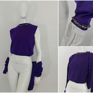 Jean paul gaultier jpg maille árabe oriental anel vintage 90 chocalho bordado embelezado roxo 2 peças blusa superior conjunto de camisola