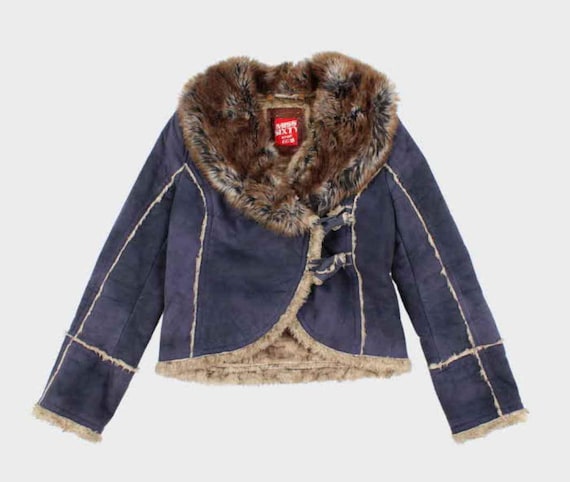 Miss Sixty 60 Washed Faux Fur Suede Blue Navy Fur Cropped Coat
