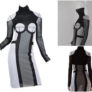 Jean Paul Gaultier Soleil Robot Cyber 5th Element Black and Grey Trompe L&#39;oeil SS90 Turtleneck Colorblock Mesh Transparent Midi  Dress