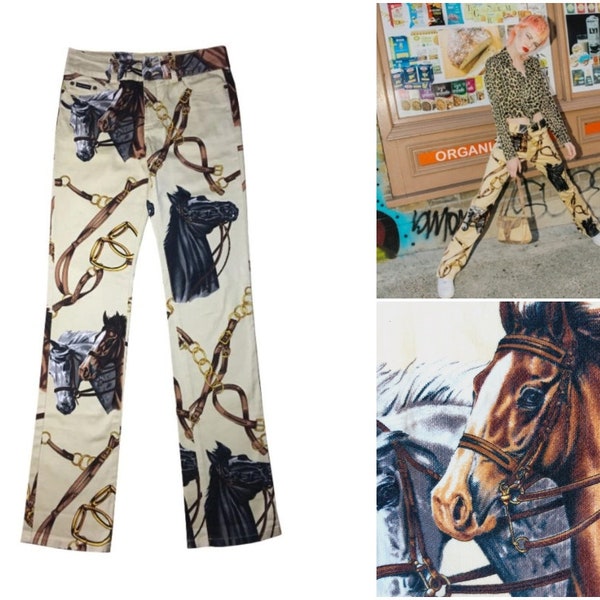 Rare Vintage 1990s Dolce and Gabbana D&G Equestrian Cowboy Western Indian Horse Print Trousers Pants