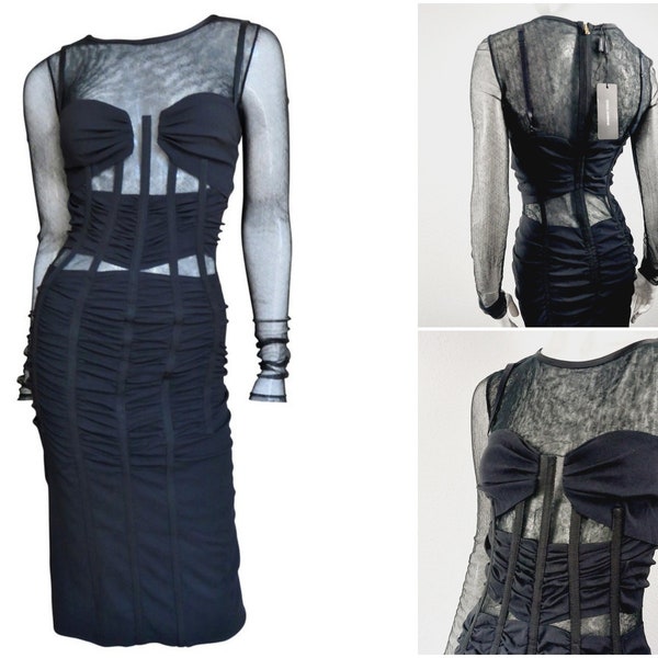 Dolce Gabbana D&G Silk Corset Mesh Sheer Transparent Ruffled Vintage Y2k Goth Rock Punk Evening Cocktail Dress Gown