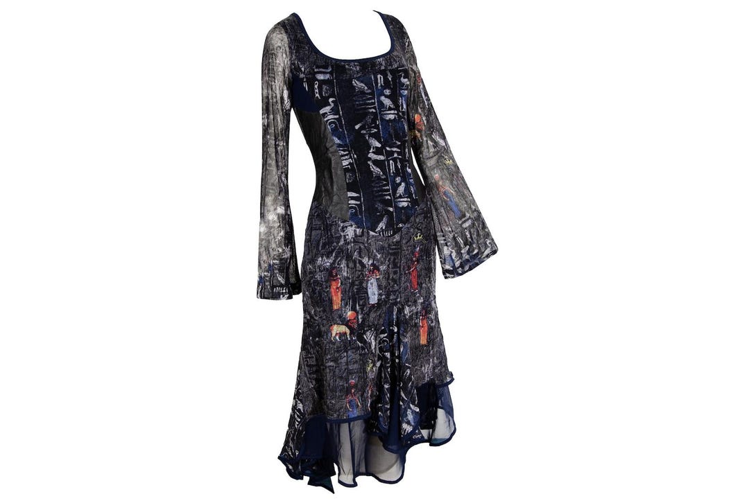 sheer egyptian dress Archive 90s Vintage Y2K Vintage Save the Queen Dress Y2k Dress Egyptian  Egypt Hieroglyphs Leather Mesh Sheer Transparent Blue Maxi Dress